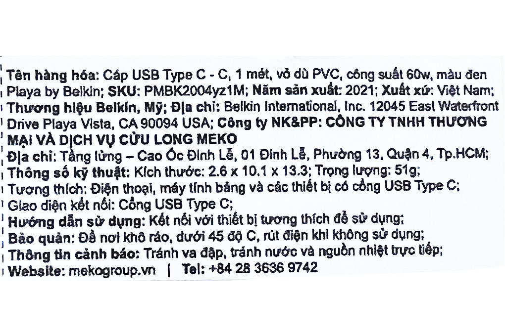 Cáp Type C - Type C 1m Playa PM2004 Màu Đen