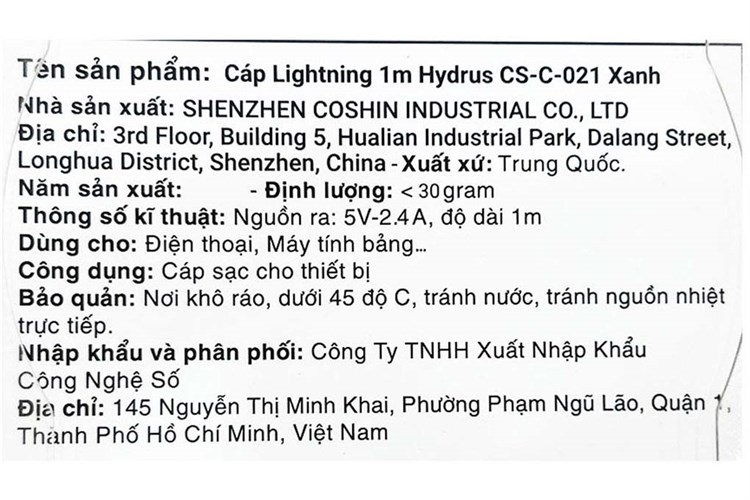 Cáp Lightning 1m Hydrus CS-C-021 Màu Xanh Navy