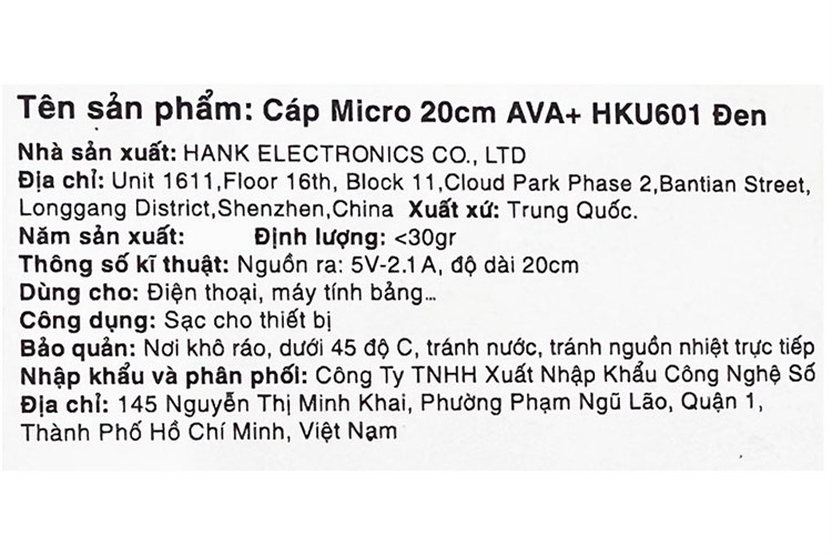 Cáp Micro USB 0.2m AVA+ HKU601 Màu Đen