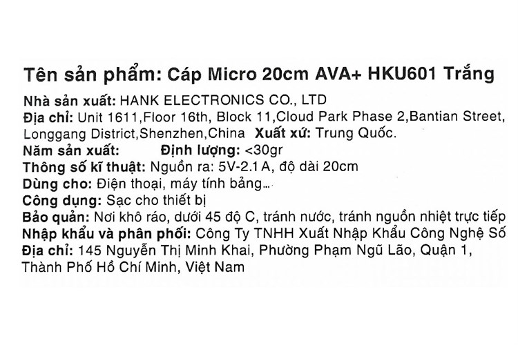Cáp Micro USB 0.2m AVA+ HKU601 Màu Trắng
