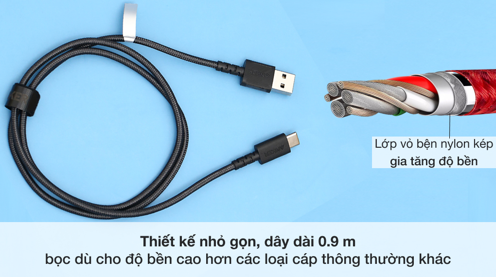 Thiết kế bền chặt bọc dù chắc chắn độ dài dây 0.9 m - Cáp Type C 0.9m Anker PowerLine Select+ A8022