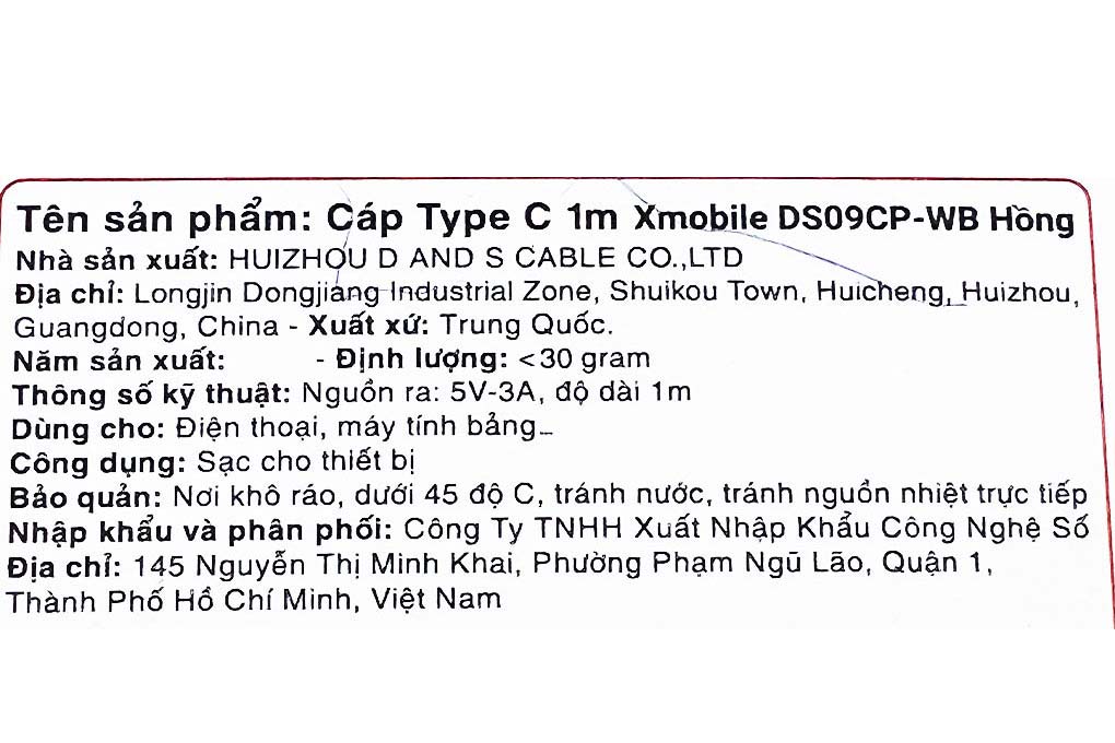 Cáp sạc và truyền dữ liệu USB-A -  Type-C 15W 1m Xmobile DS09CP-WB Màu Hồng