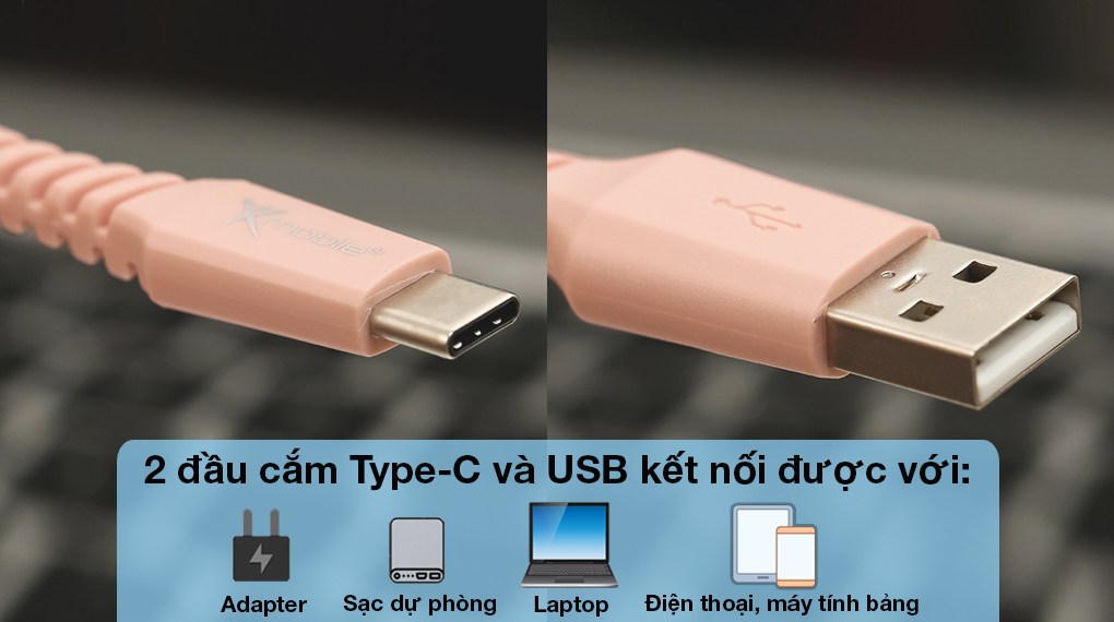 Cáp Type C 1m Xmobile DS09CP-WB - Jack cắm USB và Type-C sử dụng được với nhiều loại thiết bị, phụ kiện