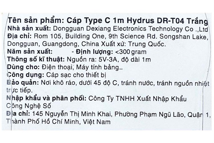 Cáp Type C 1m Hydrus DR-T04 Màu Trắng