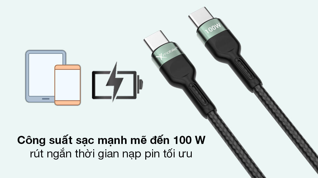 Cáp Type C- Type C 2m Xmobile TCS2000 - Cung cấp mức sạc tối đa 100 W