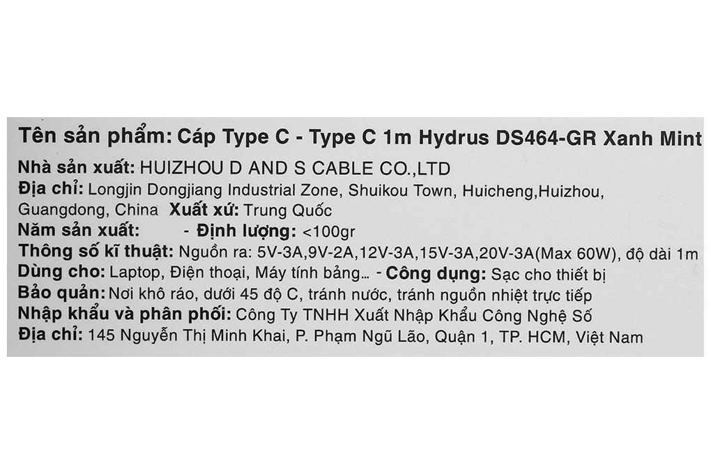 Cáp Type C - Type C 1m Hydrus DS464 Màu Xanh mint