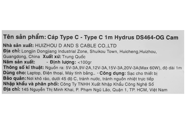 Cáp Type C - Type C 1m Hydrus DS464 Màu Cam