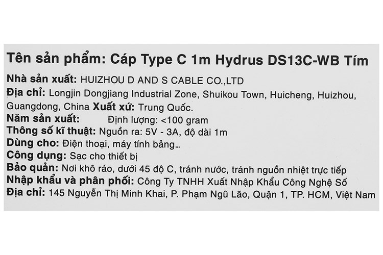 Cáp Type C 1m Hydrus DS13C-WB Màu Tím