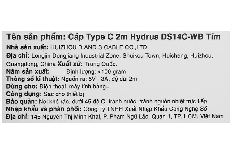 Cáp Type C 2m Hydrus DS14C-WB Màu Tím