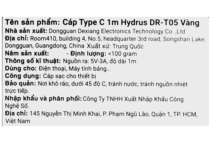 Cáp Type C 1m Hydrus DR-T05 Màu Vàng