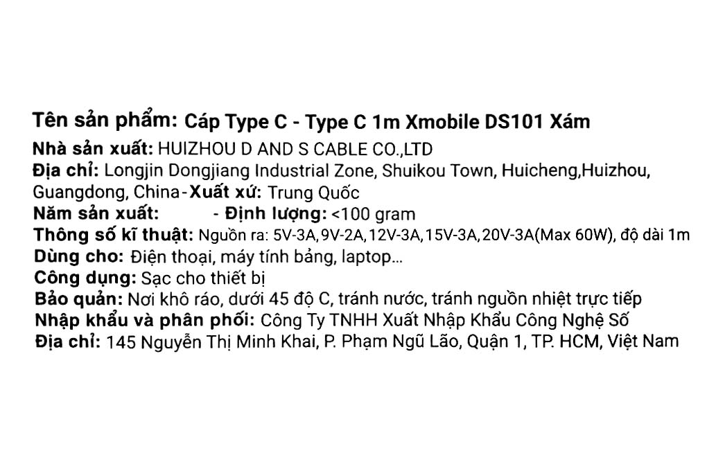 Cáp sạc nhanh và truyền dữ liệu Type C - Type C 60W 1m Xmobile DS101 Màu Xám
