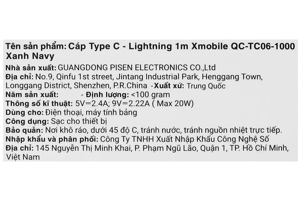 Cáp Type C - Lightning 1m Xmobile QC-TC06-1000 Màu Xanh Navy