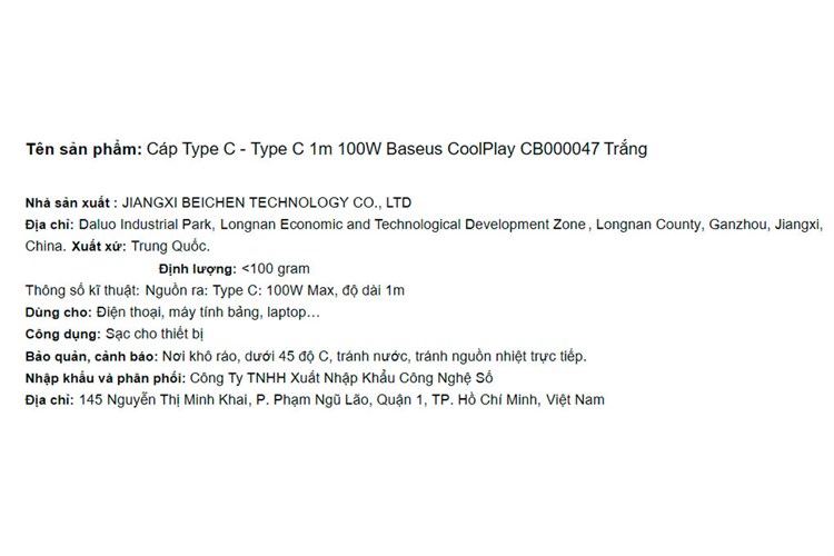 Cáp sạc nhanh Type-C - Type-C 100W 1m Baseus CoolPlay CB000047 Màu Trắng