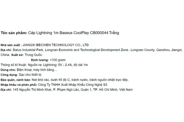 Cáp Lightning 1m Baseus CoolPlay CB000044 Màu Trắng