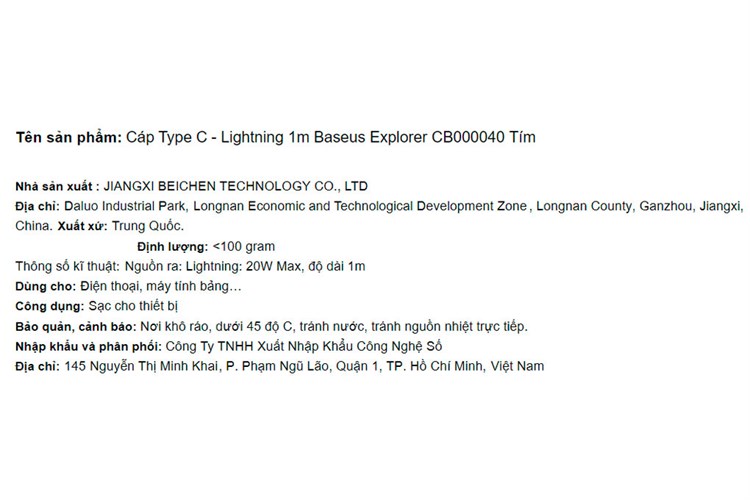 Cáp Type C - Lightning 1m Baseus Explorer CB000040 Màu Tím