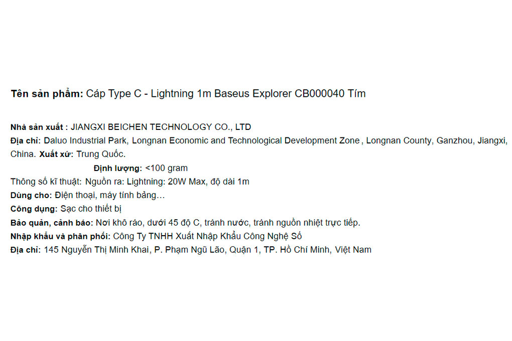 Cáp Type C - Lightning 1m Baseus Explorer CB000040 Màu Tím