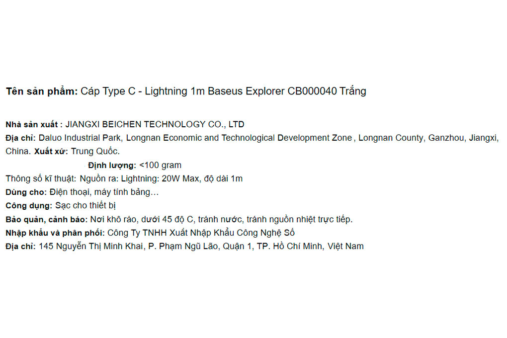 Cáp Type C - Lightning 1m Baseus Explorer CB000040 Màu Trắng