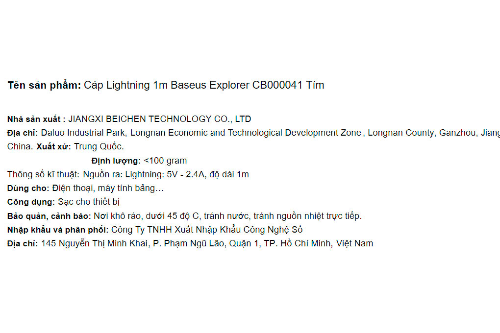 Cáp Lightning 1m Baseus Explorer CB000041 Màu Tím