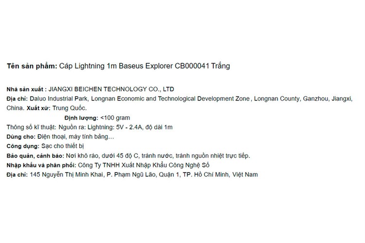 Cáp Lightning 1m Baseus Explorer CB000041 Màu Trắng