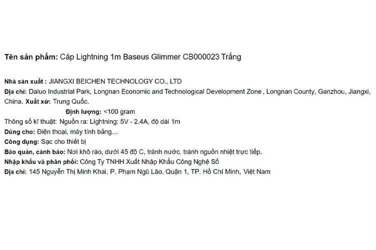Cáp sạc và truyền dữ liệu USB-A - Lightning 12W 1m Baseus Glimmer CB000023 Màu Trắng