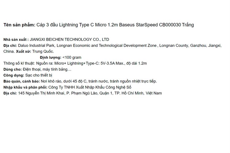 Cáp sạc và truyền dữ liệu 3 đầu USB-A - Type-C Lightning Micro USB 17.5W 1.2m Baseus StarSpeed CB000030 Màu Trắng