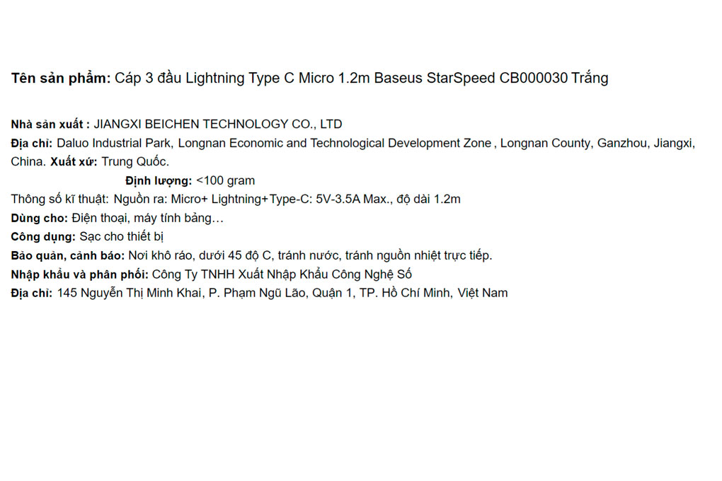 Cáp sạc và truyền dữ liệu 3 đầu USB-A - Type-C Lightning Micro USB 17.5W 1.2m Baseus StarSpeed CB000030 Màu Trắng