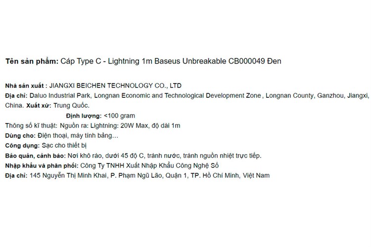 Cáp Type C - Lightning 1m Baseus Unbreakable CB000049 Màu Đen