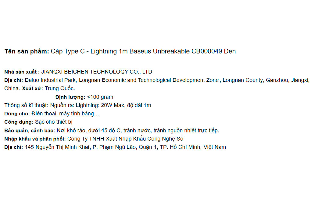 Cáp Type C - Lightning 1m Baseus Unbreakable CB000049 Màu Đen