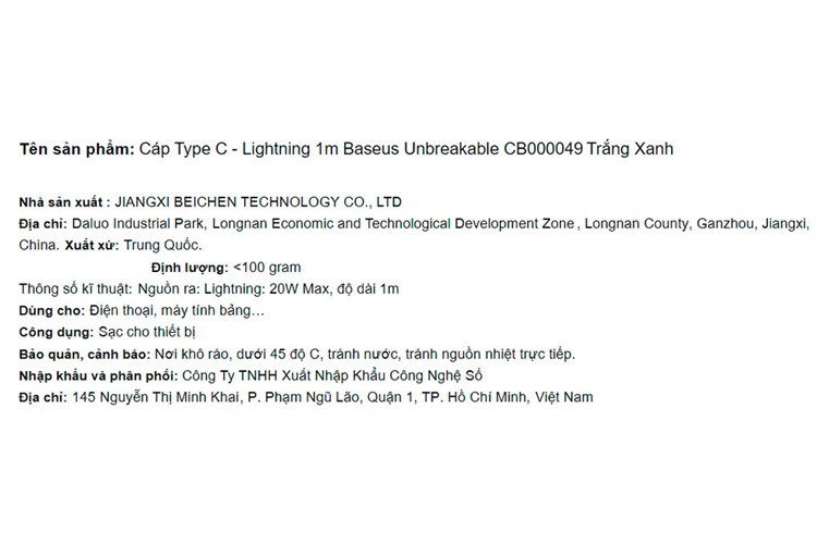 Cáp Type C - Lightning 1m Baseus Unbreakable CB000049 Màu Trắng - Xanh