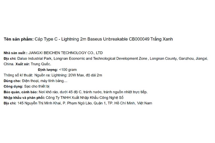 Cáp sạc nhanh Type-C - Lightning 20W 2m Baseus Unbreakable CB000049 Màu Trắng - Xanh