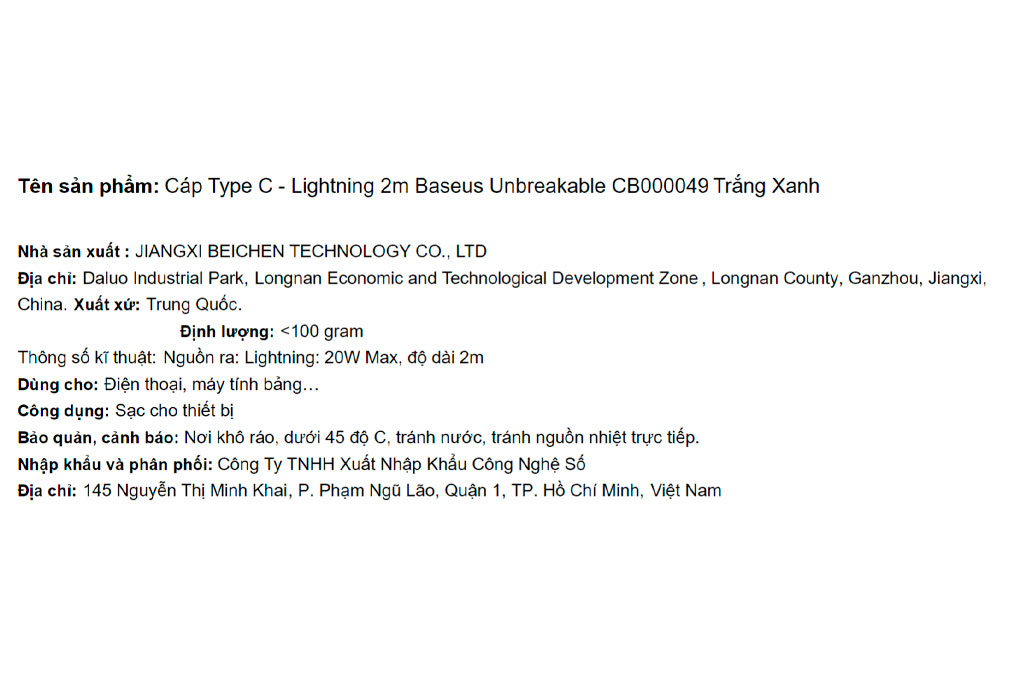 Cáp sạc nhanh Type-C - Lightning 20W 2m Baseus Unbreakable CB000049 Màu Trắng - Xanh