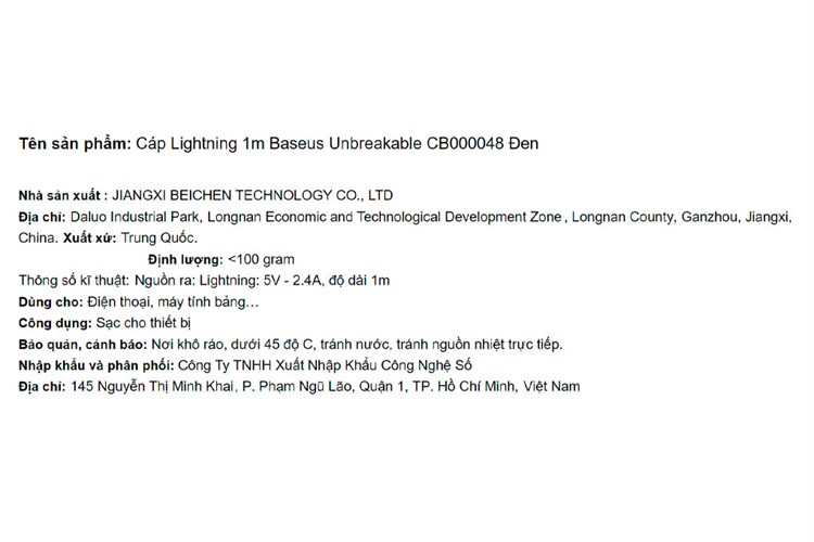 Cáp Lightning 1m Baseus Unbreakable CB000048 Màu Đen