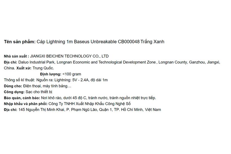 Cáp Lightning 1m Baseus Unbreakable CB000048 Màu Trắng - Xanh