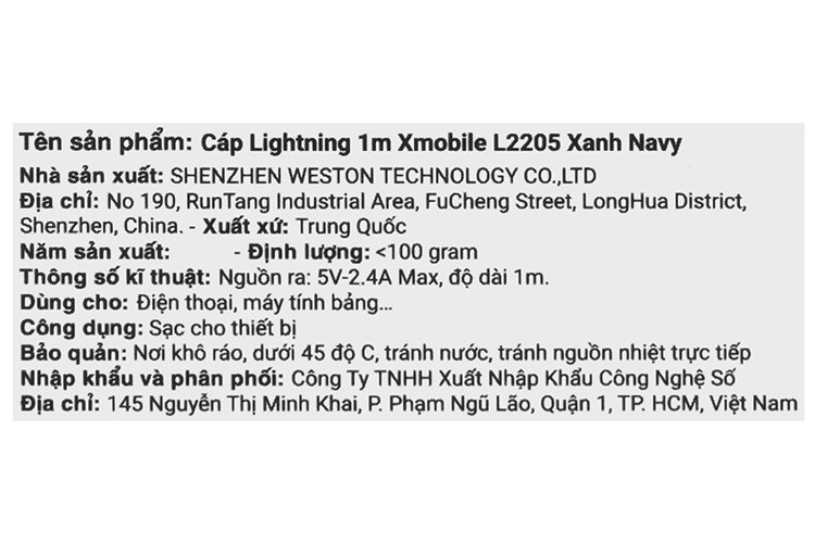Cáp sạc và truyền dữ liệu USB-A - Lightning 12W 1m Xmobile L2205 Màu Xanh Navy