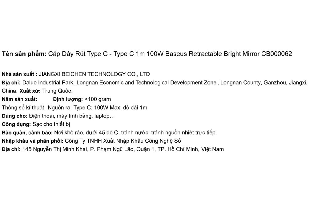 Cáp Dây Rút Type C - Type C 1m Baseus Retractable Bright Mirror CB000062 Màu Trắng