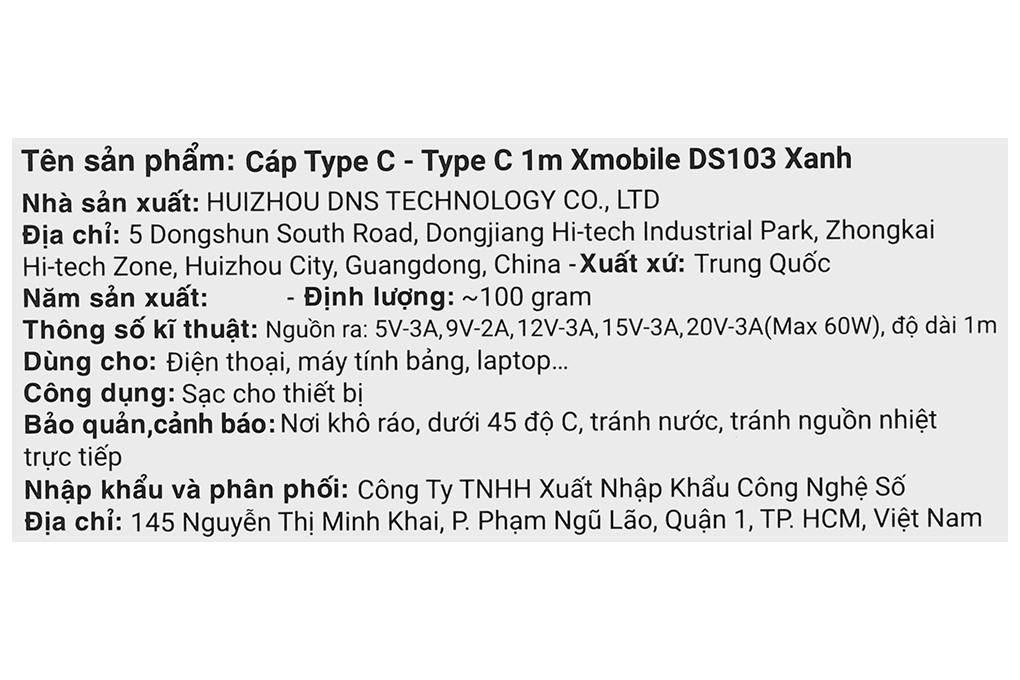Cáp sạc nhanh và truyền dữ liệu Type-C - Type-C 60W 1m Xmobile DS103 Màu Xanh da trời nhạt