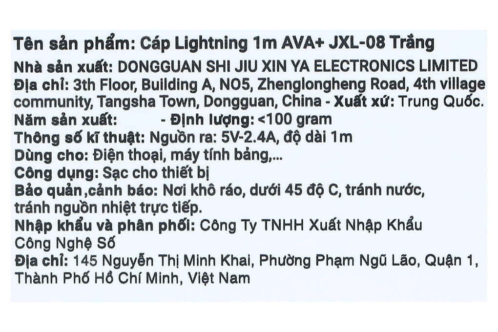 Cáp sạc USB-A - Lightning 12W 1m  AVA+ JXL-08 Màu Trắng