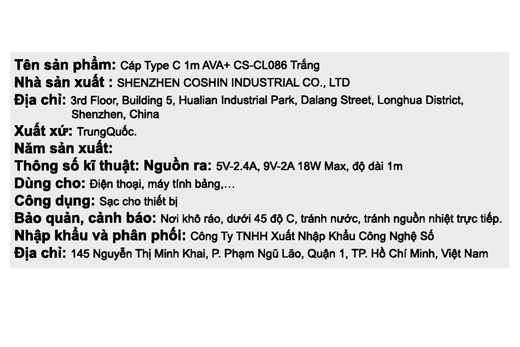 Cáp sạc nhanh USB-A - Type-C 18W 1m AVA+ CS-CL086 Màu Trắng