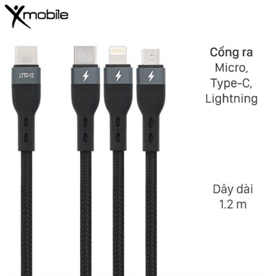Cáp 3 đầu Type C - Type C Lightning Micro 1.2m Xmobile LTTO-12