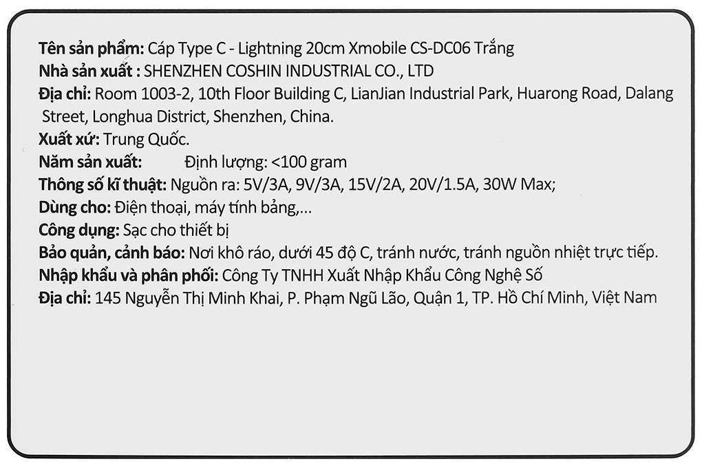 Cáp sạc nhanh và truyền dữ liệu Type-C - Lightning 30W 0.2m Xmobile CS-DC06 Màu Trắng