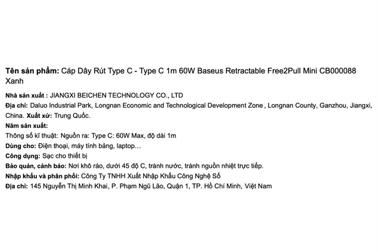Cáp sạc nhanh và truyền dữ liệu Type-C - Type-C 60W 1m Baseus Retractable Free2Pull Mini CB000088 Màu Xanh da trời