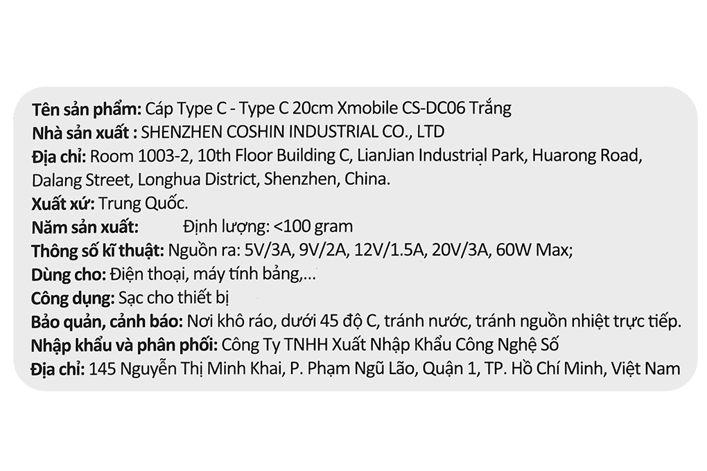 Cáp sạc nhanh và truyền dữ liệu Type-C - Type-C 60W 0.2m Xmobile CS-DC06 Màu Trắng