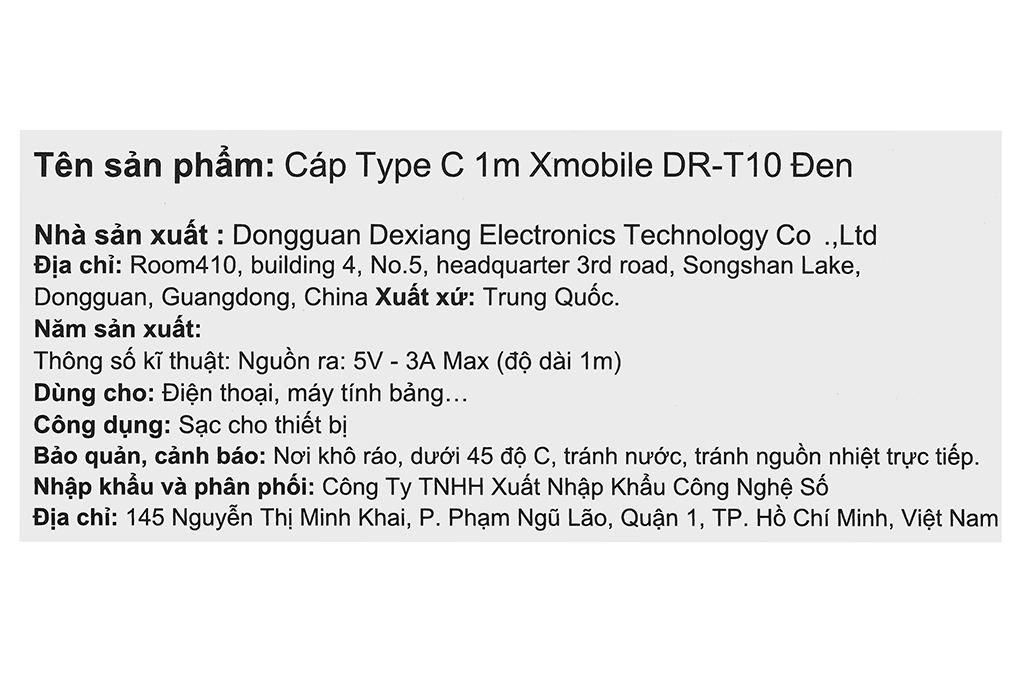 Cáp sạc và truyền dữ liệu USB-A - Type-C 15W 1m Xmobile DR-T10 Màu Đen