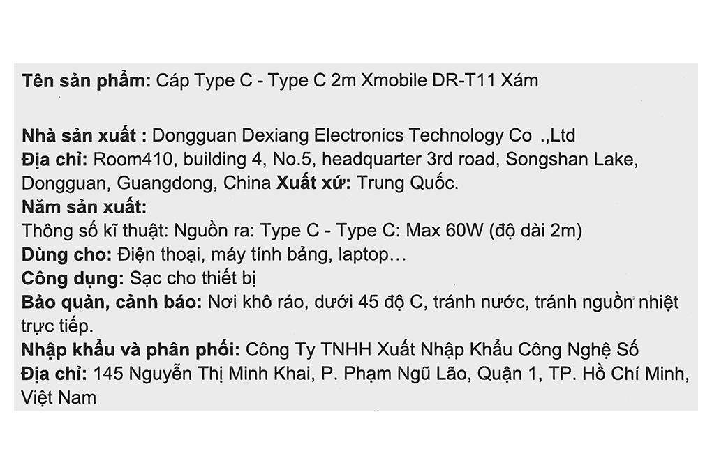 Cáp sạc nhanh Type-C - Type-C 60W 2m Xmobile DR-T11 Màu Xám nhạt