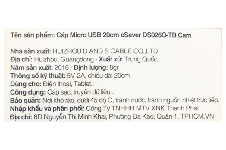 Cáp Micro USB 20cm eSaver DS026 Màu Cam
