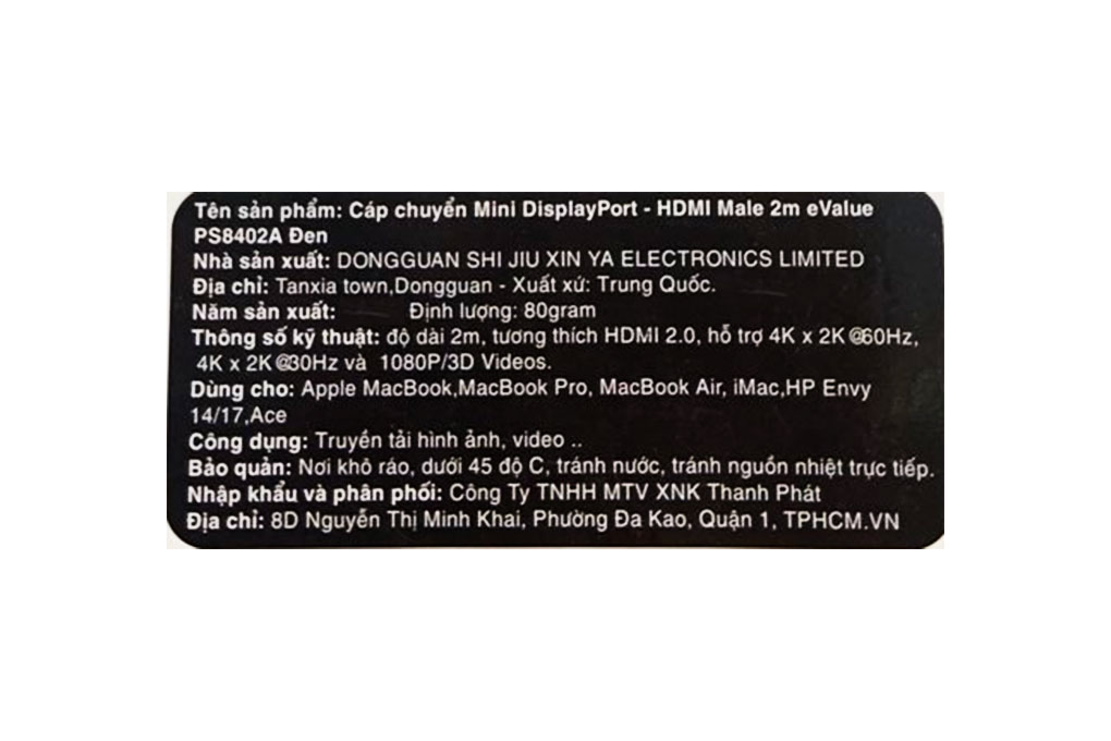 Cáp chuyển Mini DisplayPort - HDMI Male 2 m eValu PS8402A Màu Đen