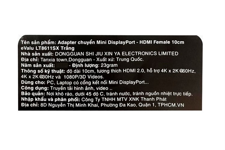 Cáp chuyển Mini DisplayPort - HDMI Female 14 cm eValu LT8611SX Màu Trắng