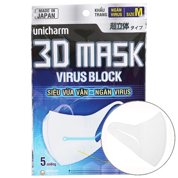 Khẩu trang y tế Unicharm 3D Mask Virus Block 3 lớp màu trắng
