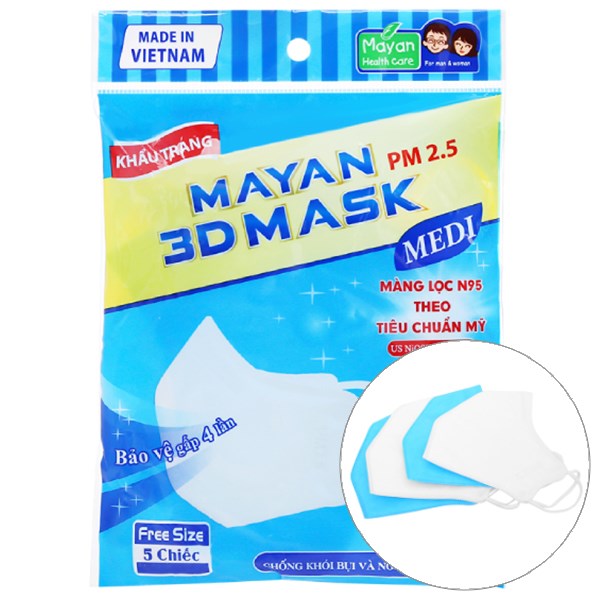 Khẩu trang y tế Mayan PM 2.5 3D Mask 4 lớp màu trắng size M gói 5 cái