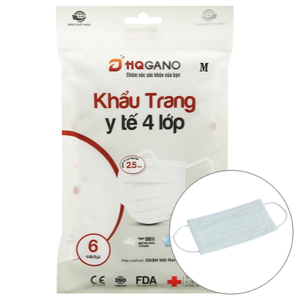 Khẩu trang y tế HQ Gano 4 lớp màu trắng gói 6 cái